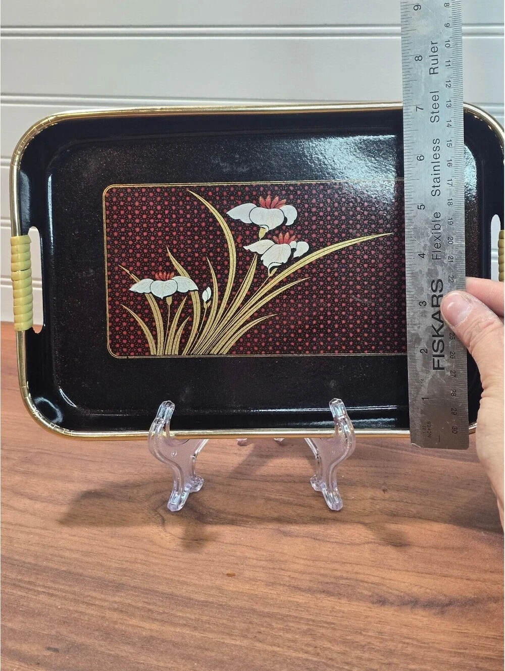 Vintage Toyo Japan Black Lacquer Tray Iris Floral Bamboo Handle Platter